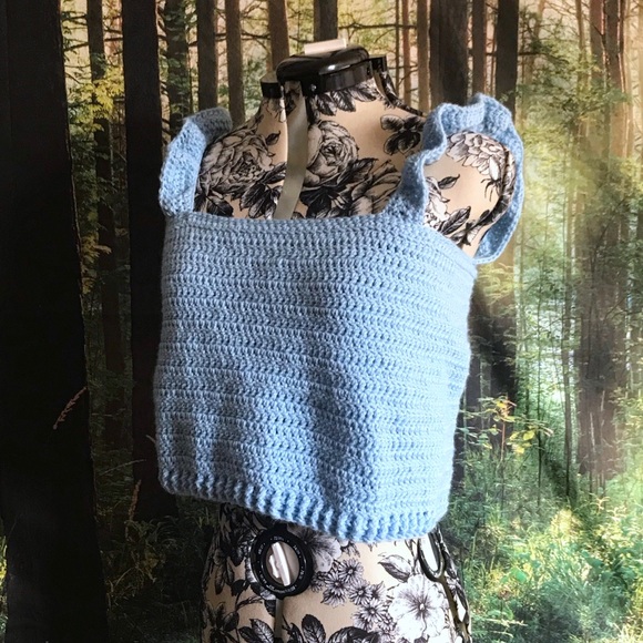 Handmade Blue Crochet Ruffled Crop Top - Picture 3 of 4